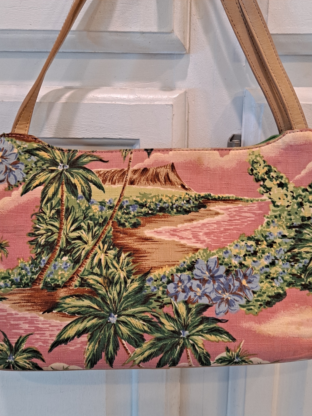 Fossil Forever Vintage 90s Pink Tropical Print Shoulder Bag W/Tan Leather Straps - Picture 6 of 13